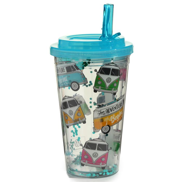 Volkswagen VW T1 Camper Bus Surf Dubbelväggig Plastkopp med Lock och Sugrör