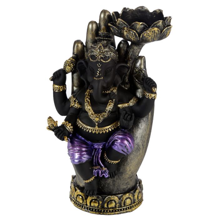 Lila, Guld och Svart Ganesh i Hand Lotus Värmeljushållare