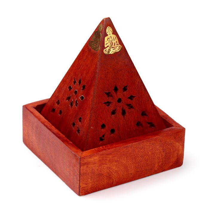 Mangoträ Pyramid Rökelsehållare & Låda för Koner med Buddha