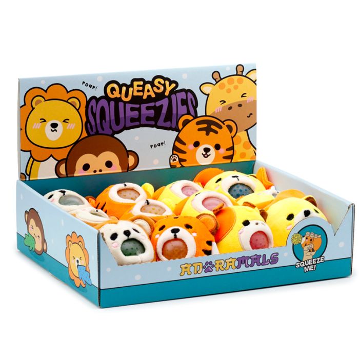 Queasy Squeezies Adoramals Lejon, Giraff, Apa och Tiger Plysch Klämmig Leksak