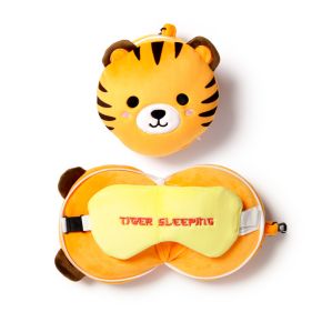 Relaxeazzz Tiger Rund Plysch Resekudde & Ögonmask