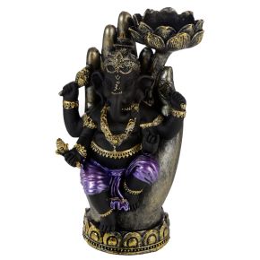 Lila, Guld och Svart Ganesh i Hand Lotus Värmeljushållare