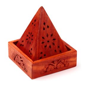Mangoträ Pyramid Rökelsehållare & Låda för Rökelsekoner med Blommönster