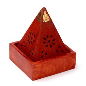 Mangoträ Pyramid Rökelsehållare & Låda för Koner med Buddha