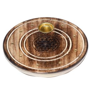 Mangoträ Rund Flower of Life Askfat Rökelsehållare för Stickor & Koner