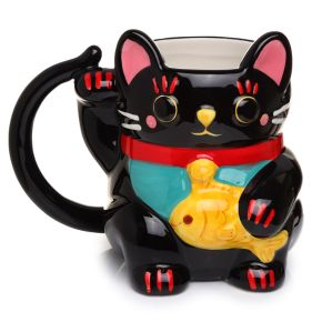 Svart Maneki Neko Lyckokatt Formad Keramikmugg