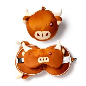 Relaxeazzz Highland Coo Ko Rund Plysch Resekudde & Ögonmask