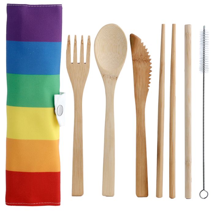 Somewhere Rainbow Ränder 6-Pack Bestick-Set i 100% Naturlig Bambu i Tyghållare