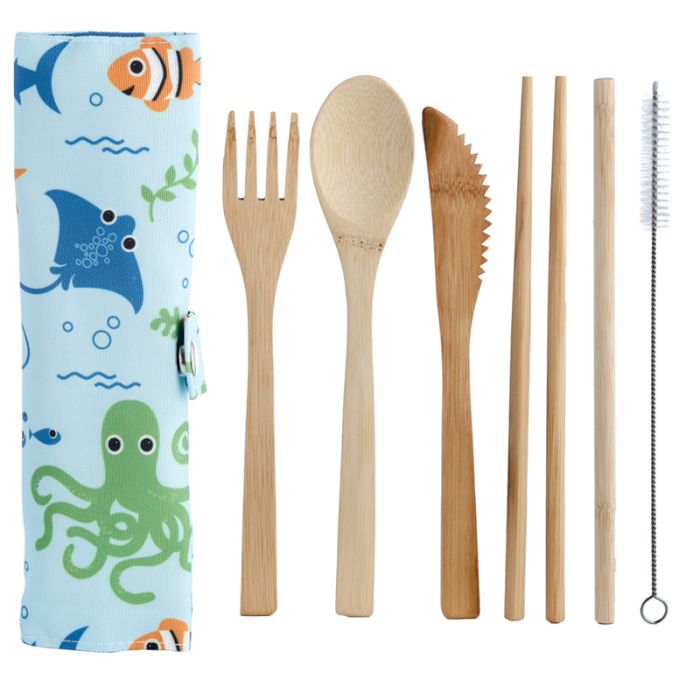Splosh Sealife 6-Pack Bestick-Set i 100% Naturlig Bambu i Tyghållare