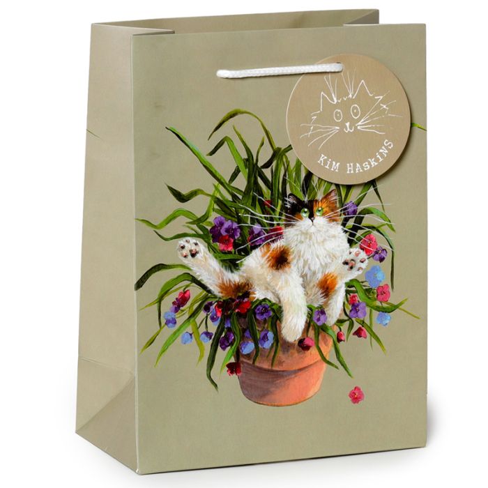 Kim Haskins Floral Cat Katt i Blomkruka Grön Presentpåse - Medium