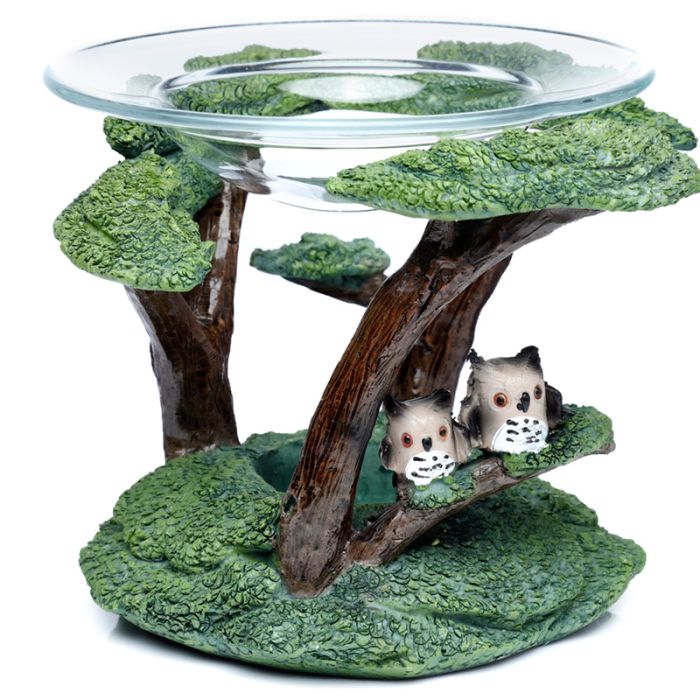 Ugglor med Träd Aromalampa för Resinolja & Vax med Glasfat