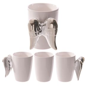 Vit keramik mugg ängel handtag med silvervingar Vit keramik mugg ängel handtag med silvervingar