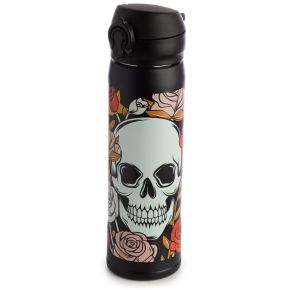 Skulls and Roses Återanvändbar Push Top Värmeisolerad Flaska i Rostfritt Stål Varm & Kall Dryck 450 ml
