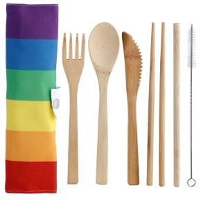 Somewhere Rainbow Ränder 6-Pack Bestick-Set i 100% Naturlig Bambu i Tyghållare